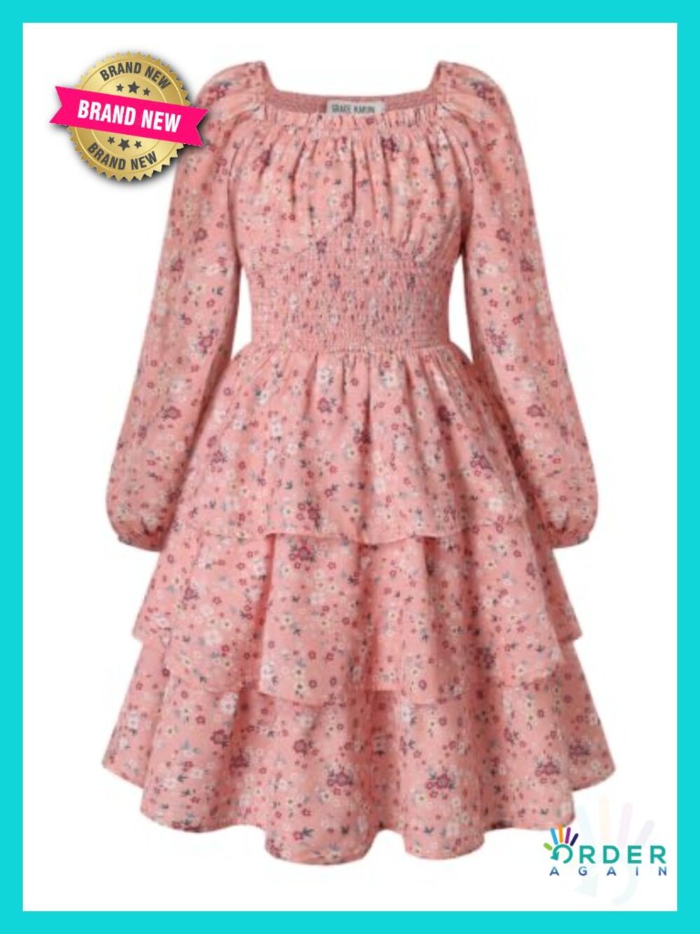 Girls Long Sleeve Floral Smocked Dress 3-Tier Ruffle Fall Christmas